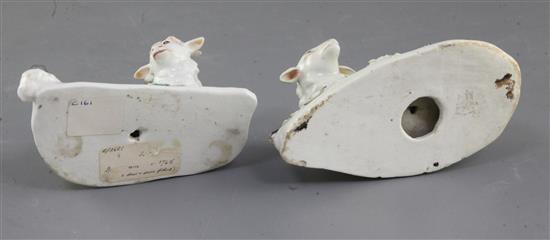 A matched pair of Derby figures of a ram and a ewe, c.1760-5, l. 11.8cm and 12.2cm, slight restoration